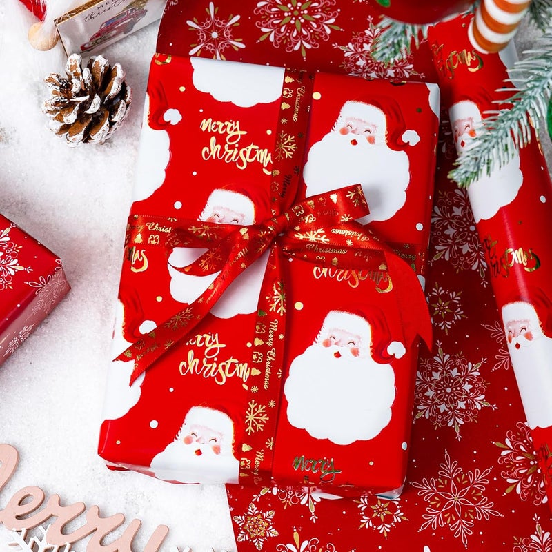 MAYPLUSS Red Christmas Wrapping Paper Roll - 17IN X 33FT - Santa Gift Wrapping Paper Featuring Santa Claus Gold Merry Christmas Reversible Snowflake for Kids, Holiday, New Year - Image 2